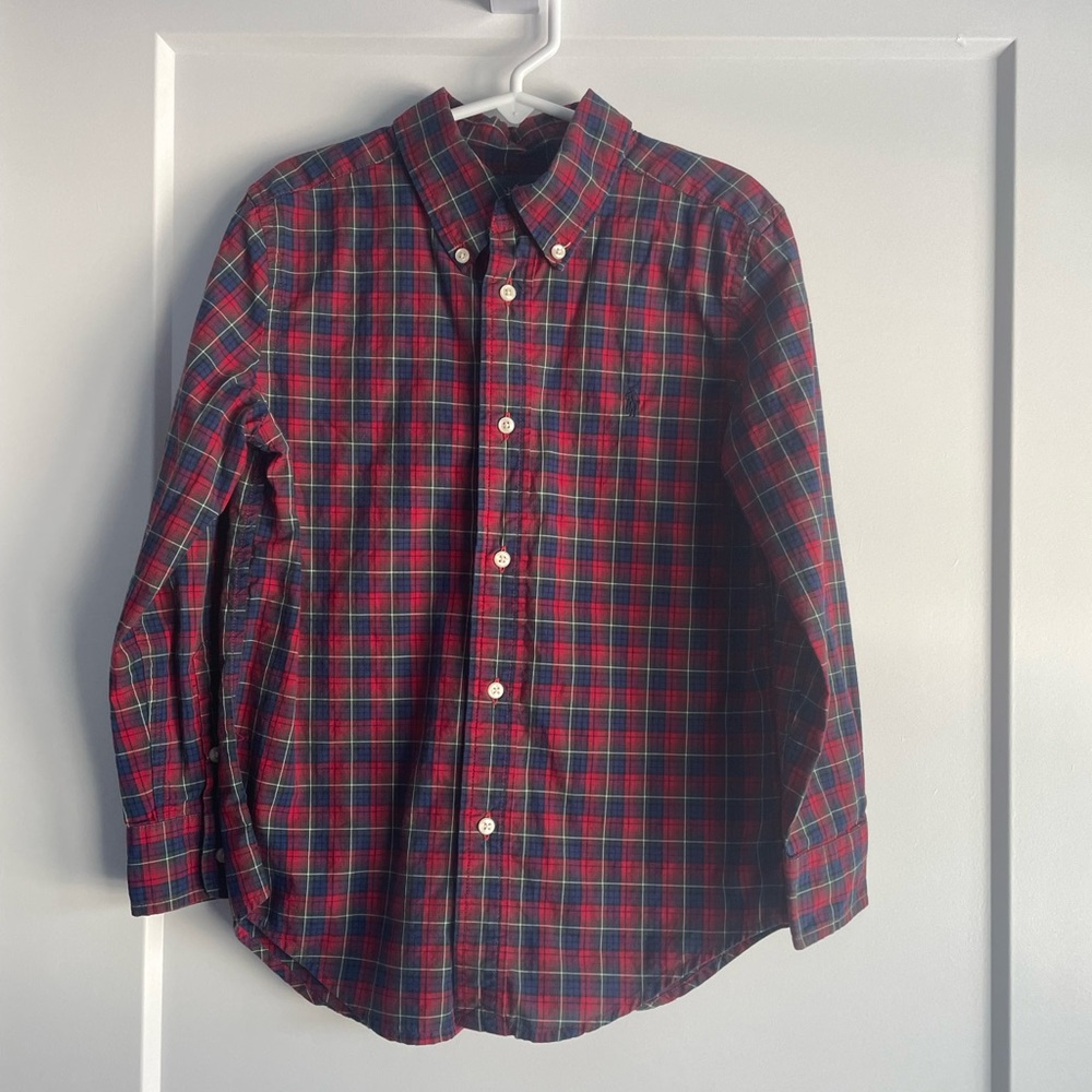 RALPH LAUREN Boys Dress Button Down Shirt - size 6 red blue plaid